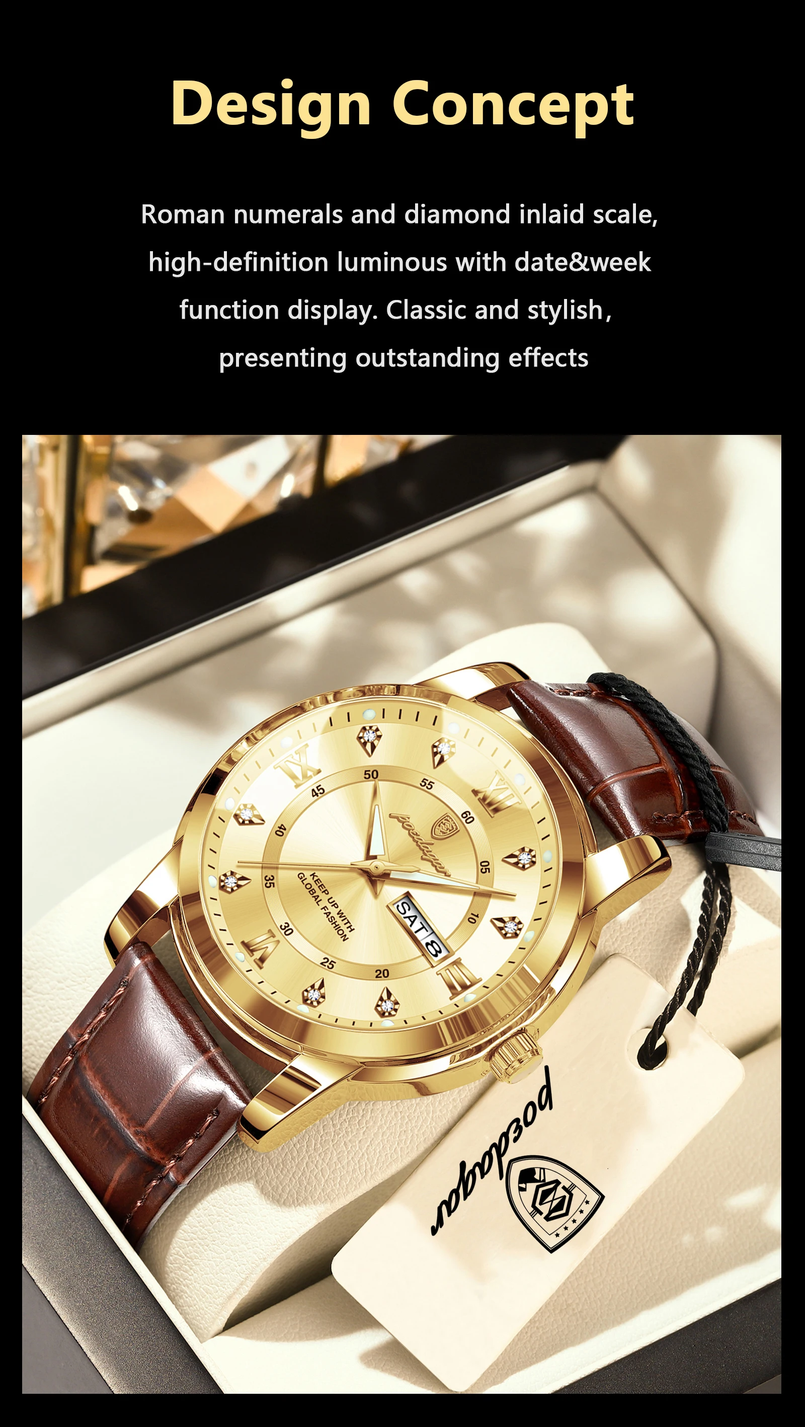 POEDAGAR Luxury Business Male Clock Date Week Waterproof Luminous Gold Men Wristwatch Casual Fashion Quartz Men's Watches Reloj