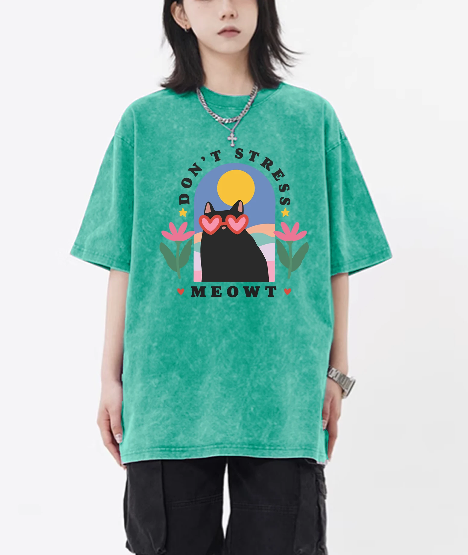 Stress nicht Miowt Cartoon Druck Retro T-Shirt weibliche trend ige Baumwolle T-Shirts Unisex gewaschen Kurzarm Sommer Hip Hop Top – Detail 9