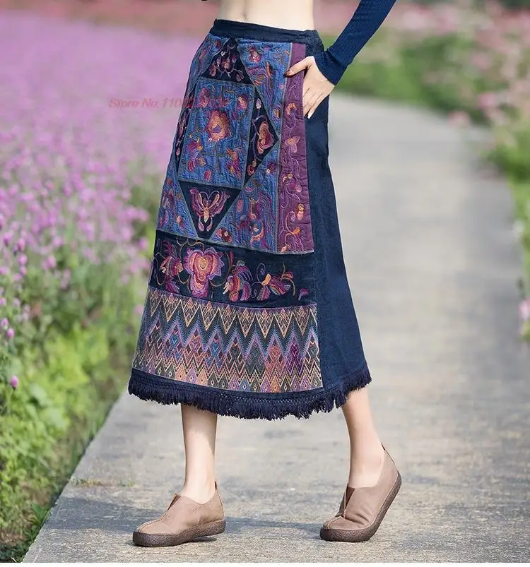 2024-traditional-chinese-vintage-denim-skirt-oriental-cotton-linen-flower-embroidery-skirt-national-elastic-waist-straight-skirt