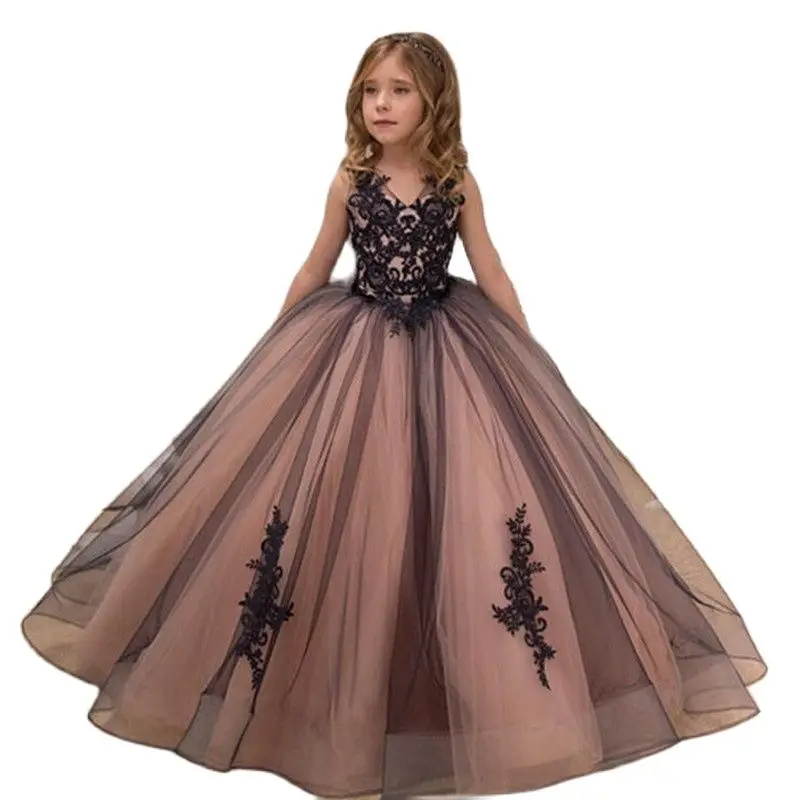 

Double V Neck Flower Girl Dresses Lace Appliques Little Girl Princess Pageant Dress Long Kids Birthday Party Gown