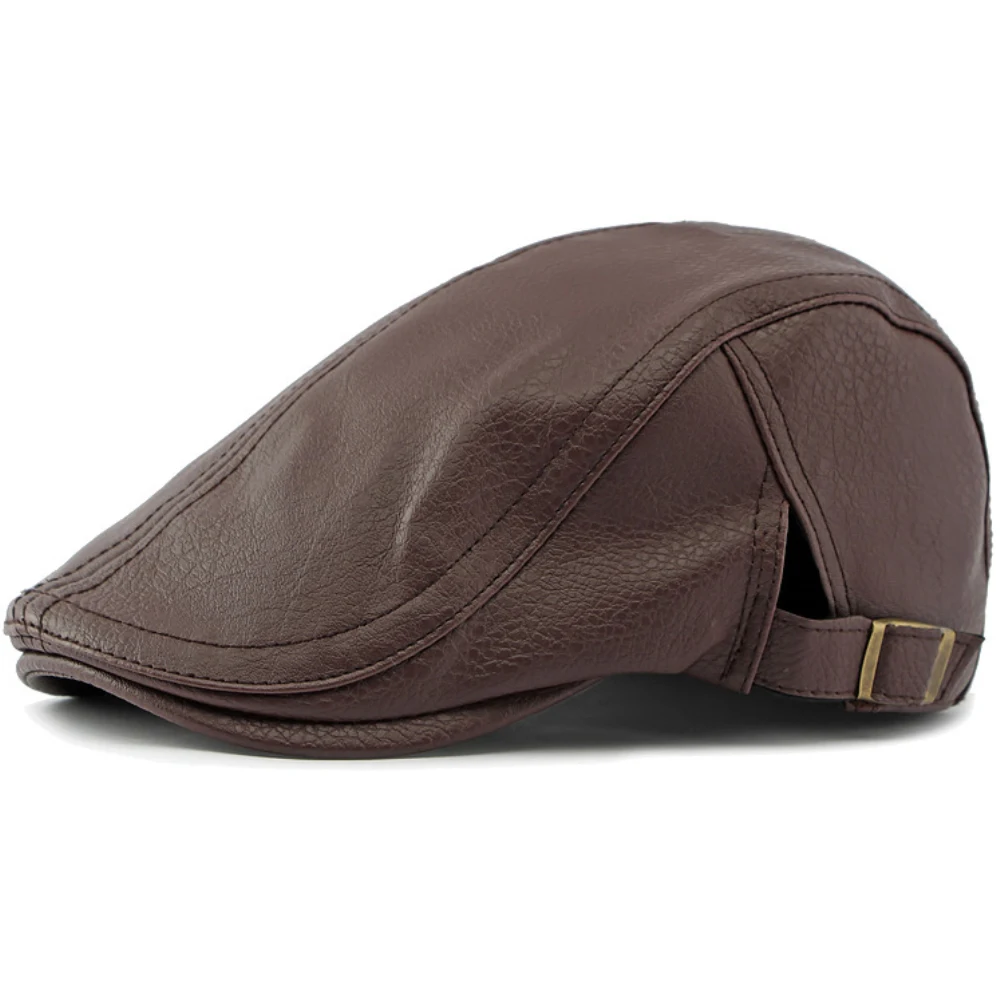 HT4294 PU Leather Beret Cap Men Black White Coffee Ivy  Flat Cap Thick Warm Fleece Lined Autumn Winter Hat Berets for Men 6