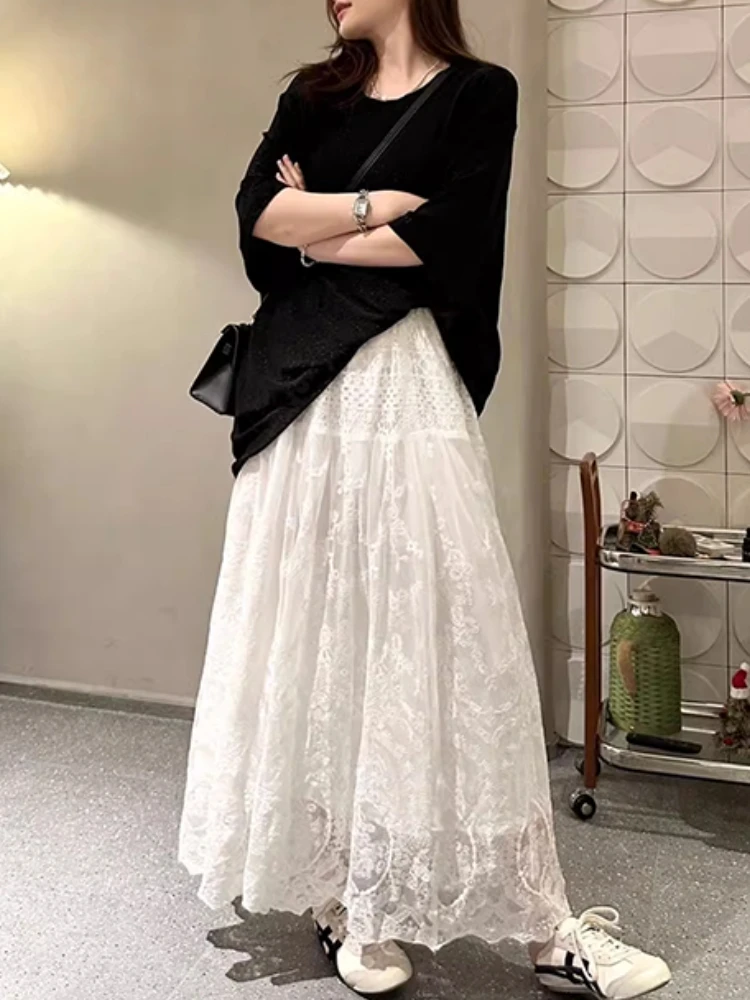 Midi Long Skirts For Women Spring Summer Korean Fashion Elastic High Waisted A-Line Embroidered Floral Lace Skirt White Black