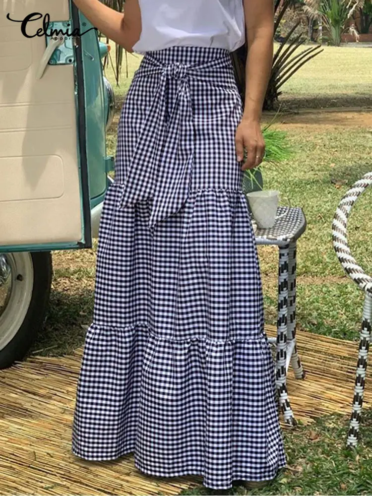 

Celmia Women Maxi Skirt 2023 Summer Bohemian Plaid Pleated Strapy High Waist Long Skirts Loose Casual Checked Skirts Femme