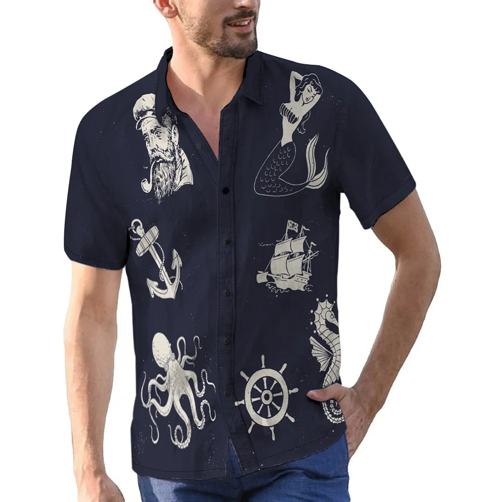 Pirate Mermaid Digital Print Men's Shirts Short Sleeve Button Down Shirt Resort Vacation Tops Men Summer Casual Male Clothing