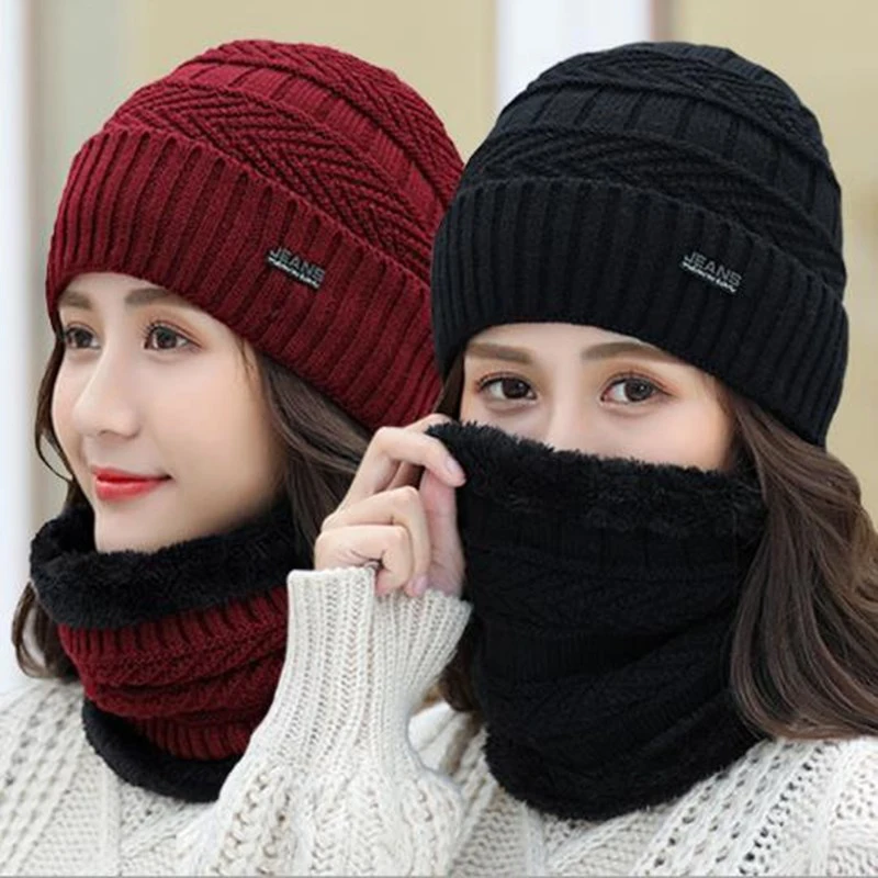 

Two-Piece Set Fleece Warm Women Knitted Hat Scarf Caps Neck Warmer Winter Hats For Men Women Skullies Beanies Warm Fleece Cap