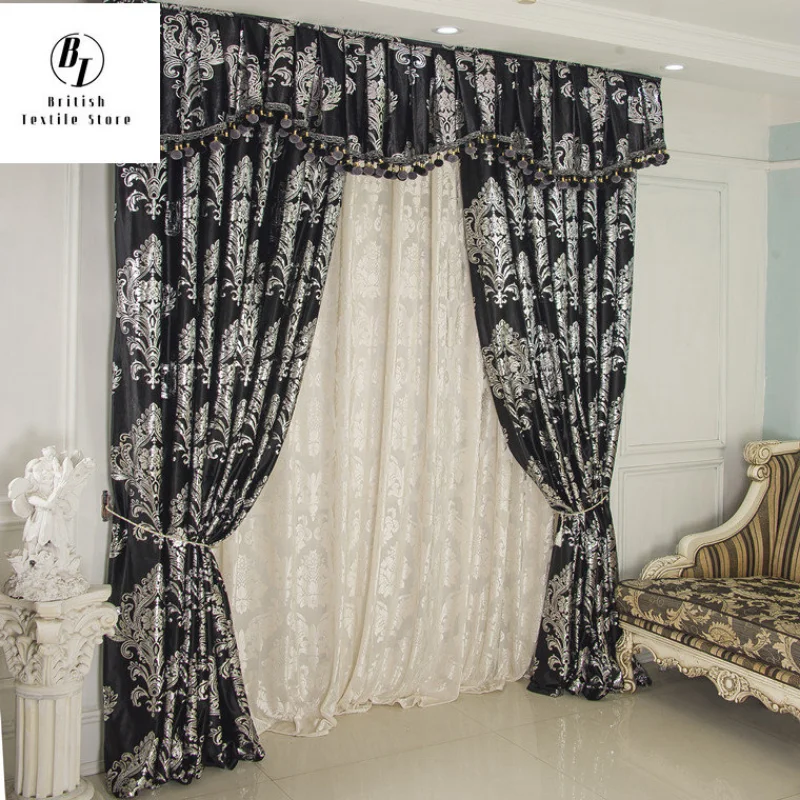 

European-style Curtains for Living Dining Room BedroomBronzing Velvet Black Velvet Curtain Silver Light Luxury Customization