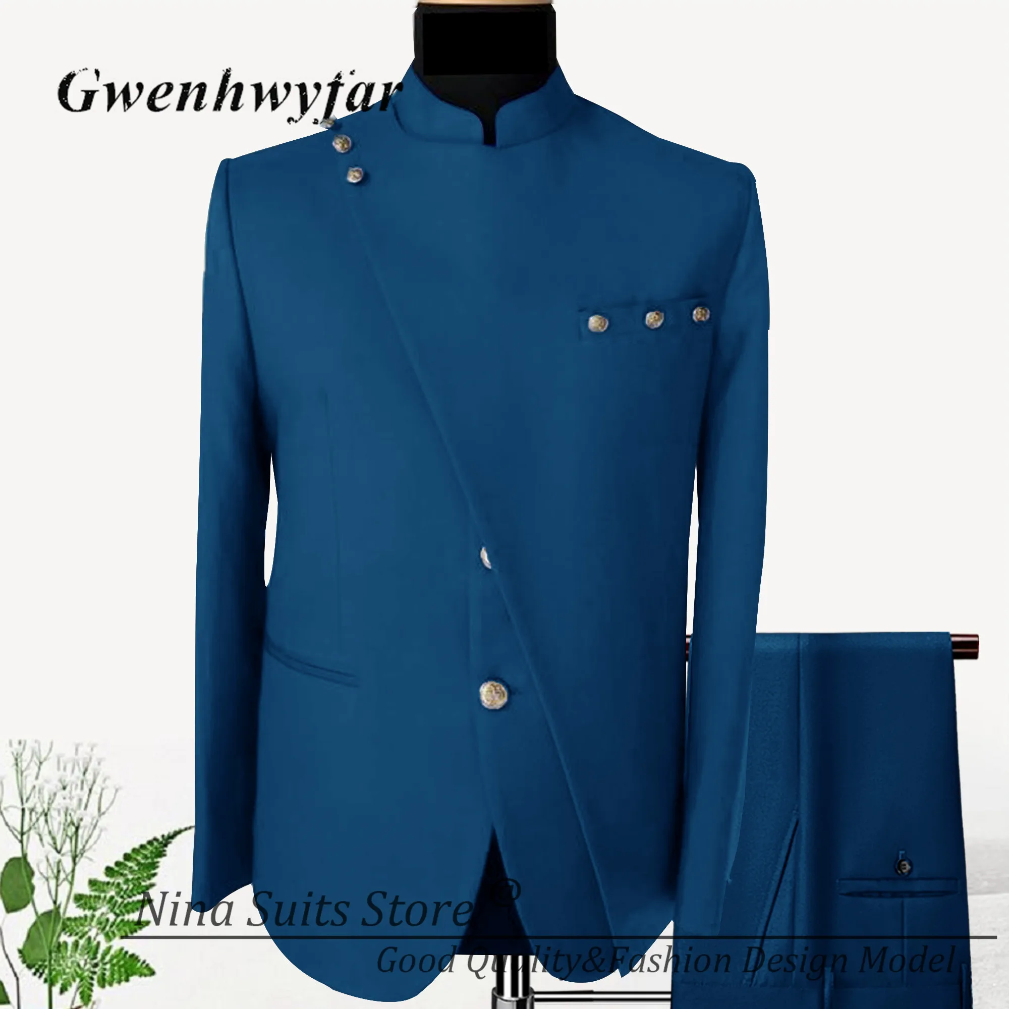 Gwenhwyfar African Design Men Suits Stand Collar Gold Button Patchwork Style Jacket Pant Royal Blue Men Costume