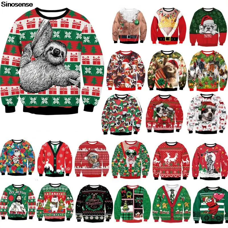 

Men Women Autumn Winter Ugly Christmas Sweater Holiday Party Jumper Tops 3D Christmas Tree Gift Sloth Printed Xmas Sweatshirt