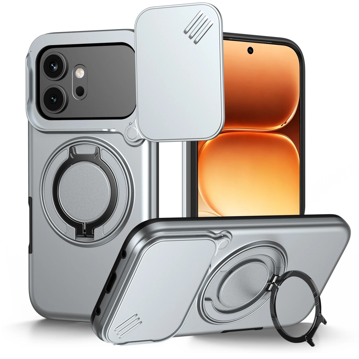 Magnetic Ring Stand Phone Case with Slide Camera Lens Protection and Durable Frame