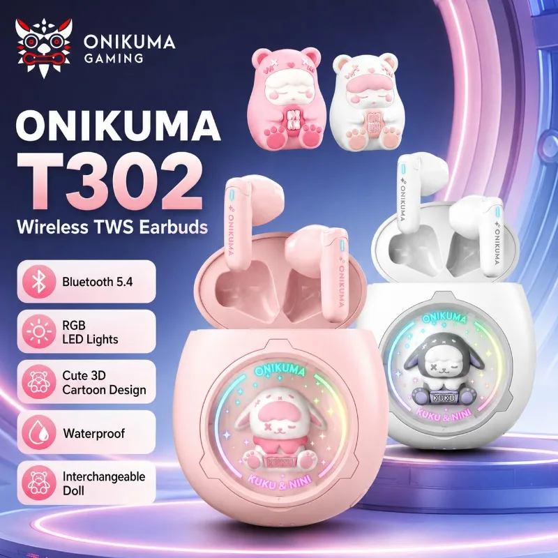 سماعات أذن لاسلكية ONIKUMA T302 TWS بتقنية بلوتوث 5.3، تصميم لطيف على شكل حيوانات أليفة، إضاءة RGB، سماعات داخل الأذن، تقنية ENC للمكالمات، مقاومة للماء، مثالية للموسيقى والرياضة والألعاب.