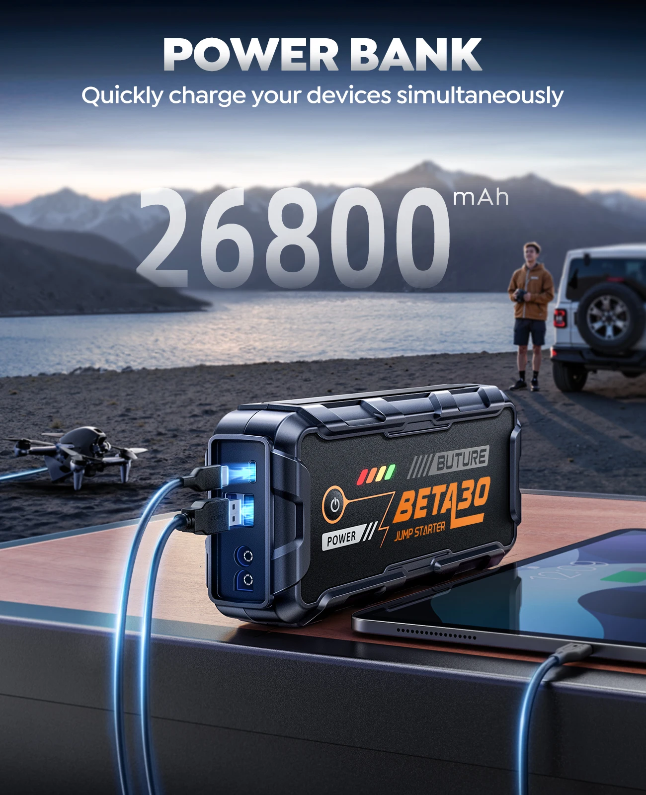 מטען נייד להתנעת רכב BUTURE 6000A, סוללה ניידת 18W, 26800 מיליאמפר/שעה, מגבר חירום לסוללת רכב BETA30