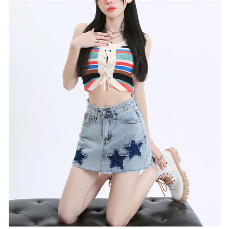 

Star Patch Women's High Waisted Retro Blue Ultra-short Denim Skirt Summer Street Style A-Line Hot Girl Mini Shorts Skirt Female