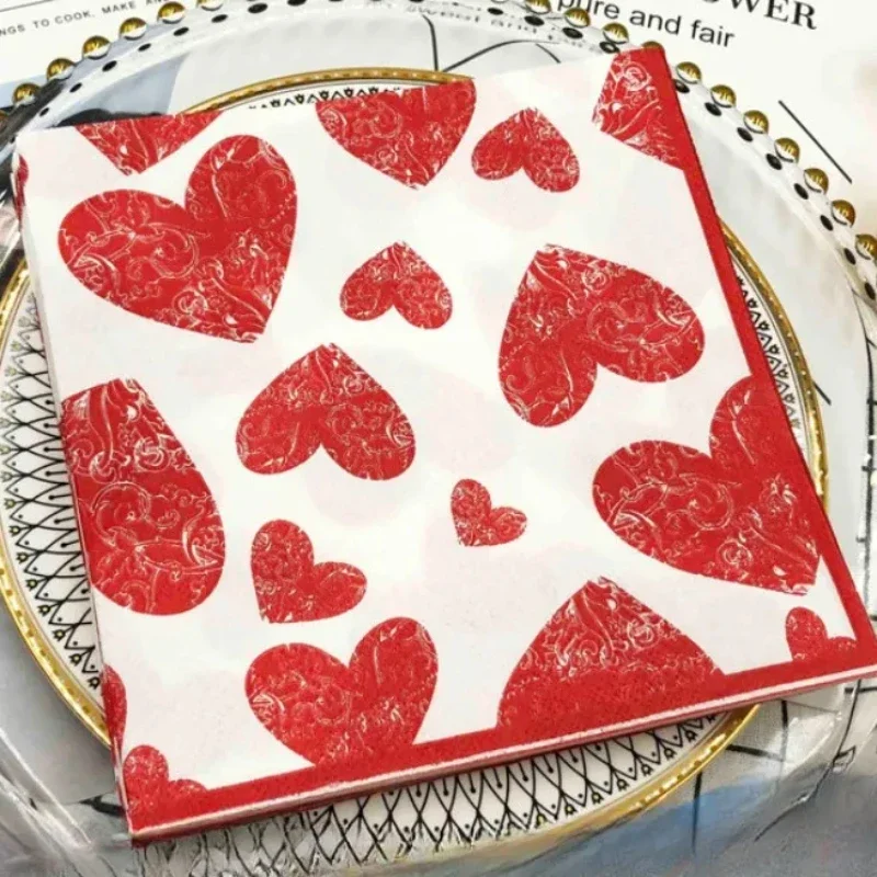 20pcs/P Heart Shaped Colourful Printed Napkin Wedding Valentine's Day Facial Tissue Proposal Decoration Wine Glass Flower Paper