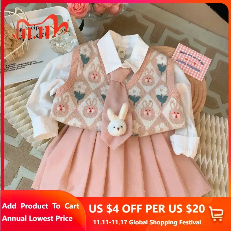 

Set of clothes for girls Suit children Baby Girls clothes 100% cotton Turn-down Collar JK dress 3pcs Pink Girls Clothes fashion