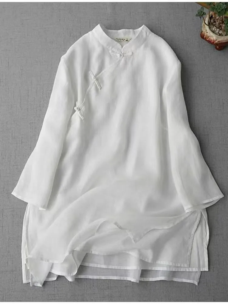 Chinese Dress Mid Length Cotton Linen Women&rsquo;s Top Retro Art Shirt Loose Hanfu Cheongsam Qipao
