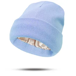 Women's Stylish & Versatile Autumn - Winter Knitted Woolen Satin Hat (Light Blue)