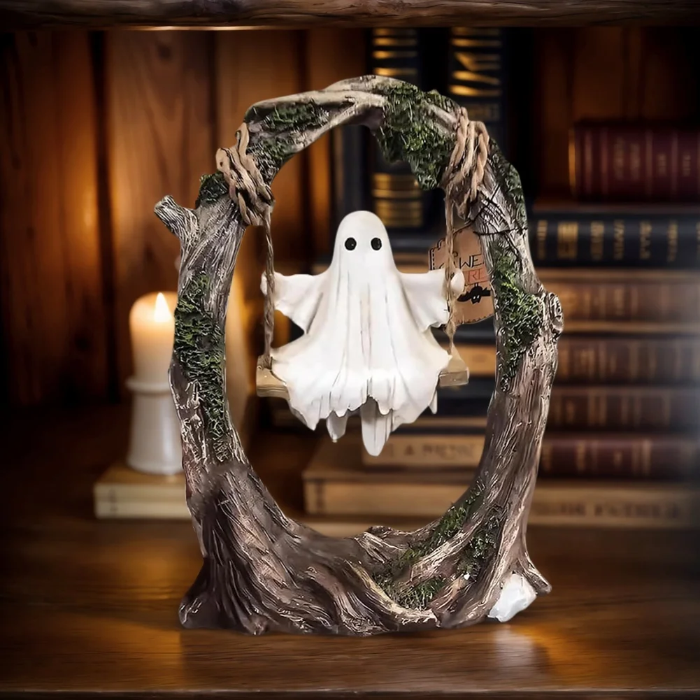 Swinging Ghost Ornament Resin Ghost on Tree Swing Statue Multi-Purpose Cute Spooky Halloween Figurine for Indoor Outdoor Porch