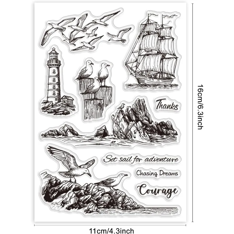 Clear Stamps 1Sheet Ocean Reef Lighthouse Silicone Clear Stamp Seals Sailboat Seagulll for DIY Scrapbooking