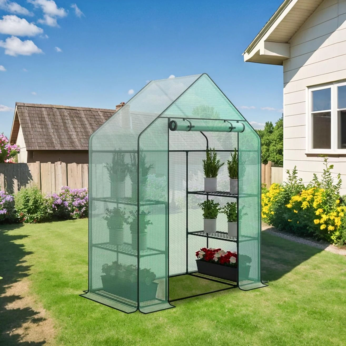 

Outdoor Portable Walk-in Greenhouse 2/3 Tiers 6/8 Shelves w/ Durable PE Cover Roll Up Zipper Door Steel Frame Screen Windows