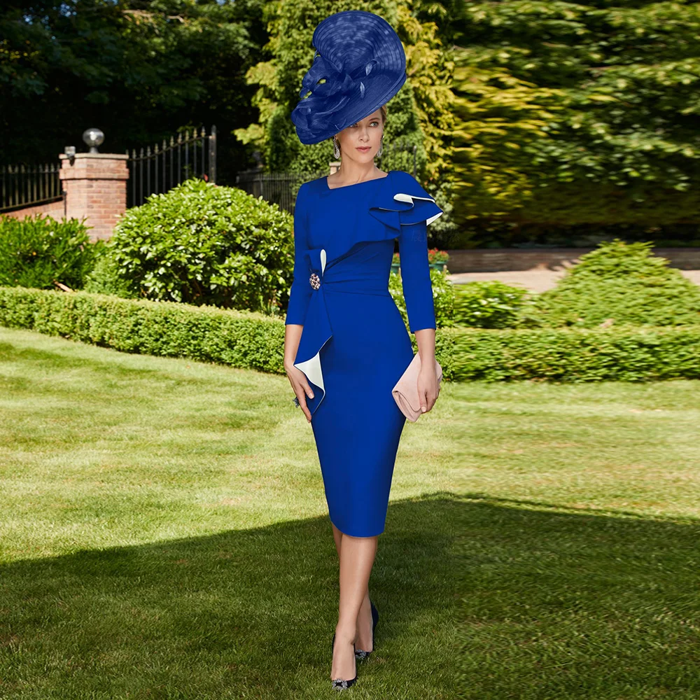 Blue Mother of the Bride Dresses Bow Simple Wedding Guest Gowns Tea-Length Sheath Elegant Dress Women For Wedding Party