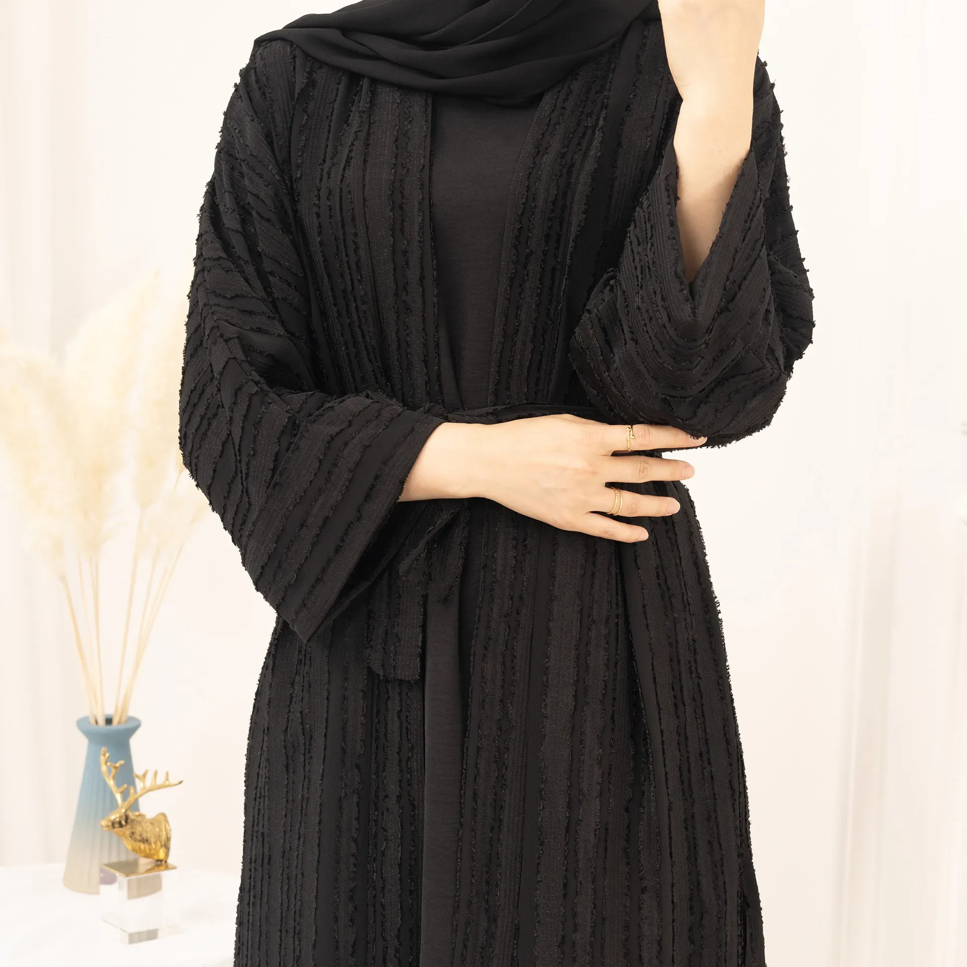 Eid Plain Kimono Abaya with Inner Dress 2 Piece Set Striped Open Abayas for Women Dubai Turkey Arabic Muslim Islam Outfit Kaftan