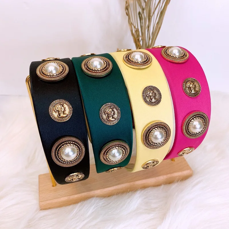 

European and American 2023 Simple Baroque Retro Headband Wafer Pearl Headband Copper Beauty Head Wide-Brim Hair Accessories