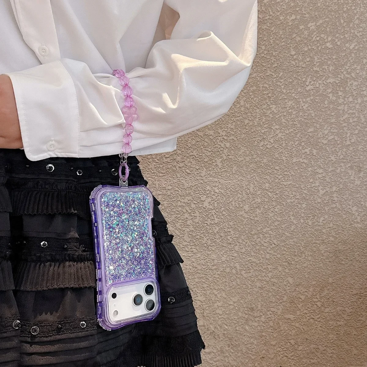 Luxury Bling Glitter Resin Chain Clear Phone Case with 3-Layer Protection and Lanyard