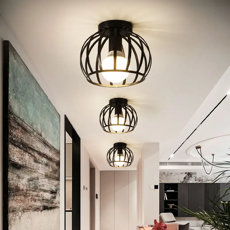 Vintage E27 Ceiling Lights For Corridor Foyer Aisle Black Metal Indoor Cage Chandelier Lighting Fixures