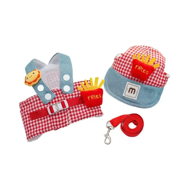1/Set Fries Pet Harness Traction Rope Pet Wire Rope Pulling Cute Hat Three Piece Puppy Clothes Outgoing Pulling Harness Leash pet harness set pet harness leash set pet leash set