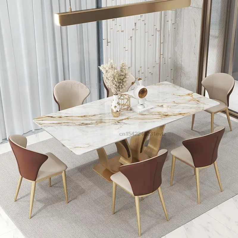 

Luxury Villa Dining Room Swan Shape Rectangular Island Table 1.8m Living6 Chairs Set Golden Creative Design Marble Furniture