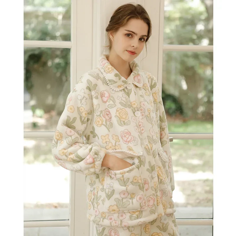 New Winter Women Pajamas Set Thickened Fashion Elegant Composite Fleece Warm Tulip Printing Long Home Sleepwear Women's Clothing