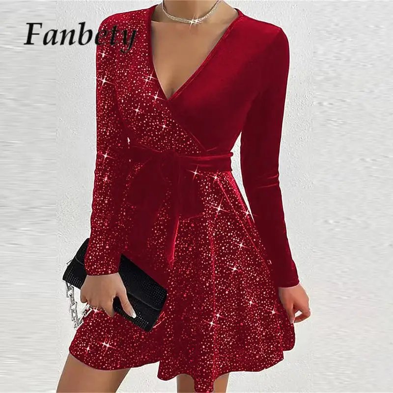 

Casual Dresses for Women 2024 Spring Fashion Patchwork V-Neck Velvet Contrast Sequin Wrap Dress Elegant Party Tie-Up Mini Dress