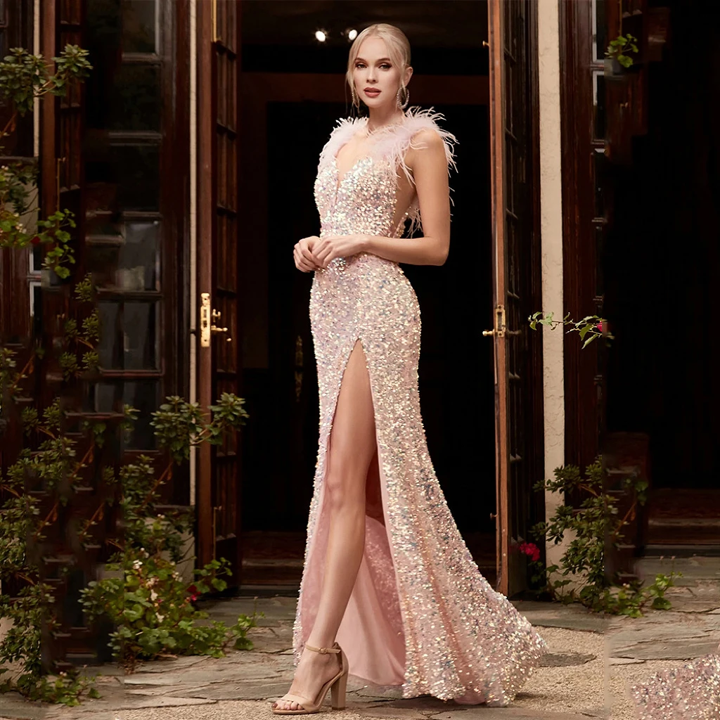 

Luxury Sequins Celebrity Dresses Spaghetti Strap Feather Side Split V-neck Mermaid Evening Party Pink Blue Soirée Prom Gowns New