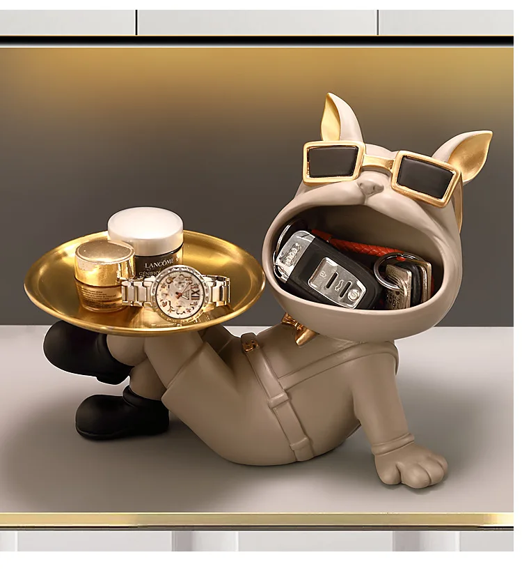 Bulldog Resin Figurine Ornament, Big Mouth Dog with Storage Tray, Candy, Key Storage Container Ornament, Tabletop Figurine