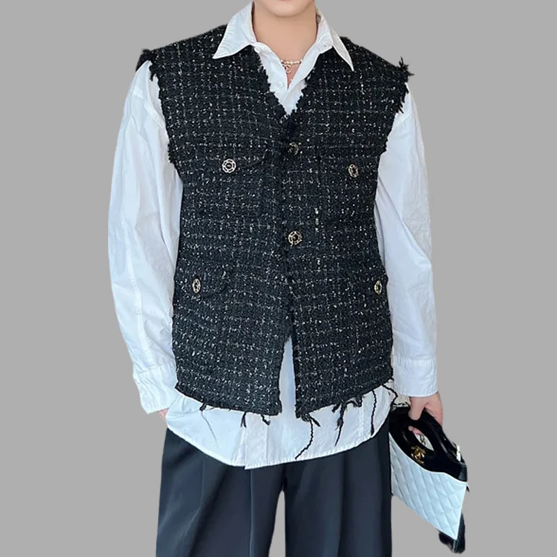 Fashion Plaid Tweed Men's Vest Button Decoration V Neck Sleeveless Men Streetwear Korean Stylish Fur Edge Casual Waistcoats women sleeveless t shirt white wave stripe decoration two piece sets elastic waist shorts summer comfortable casual female suits