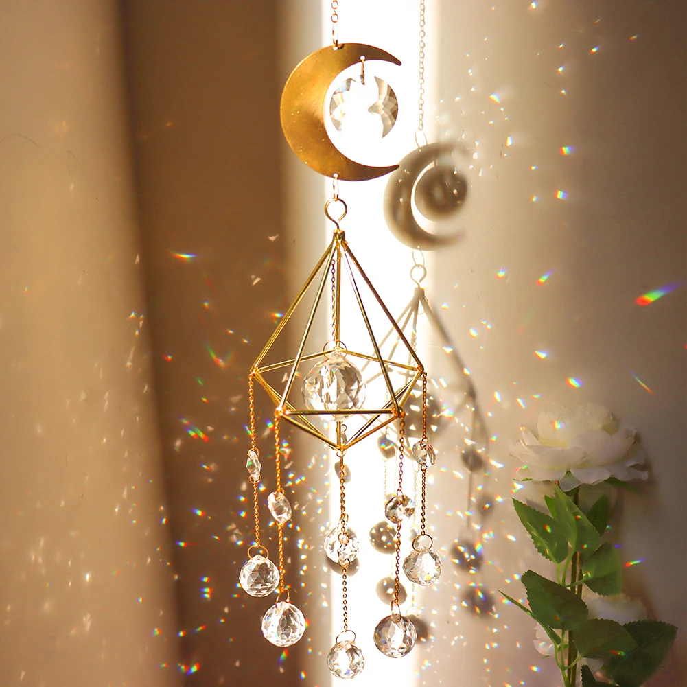 Hanging Sun Catcher Crystal Teardrop Chandelier Wind Chime Prism Suncatcher Rainbow Maker Light Catcher Window Garden Decoration