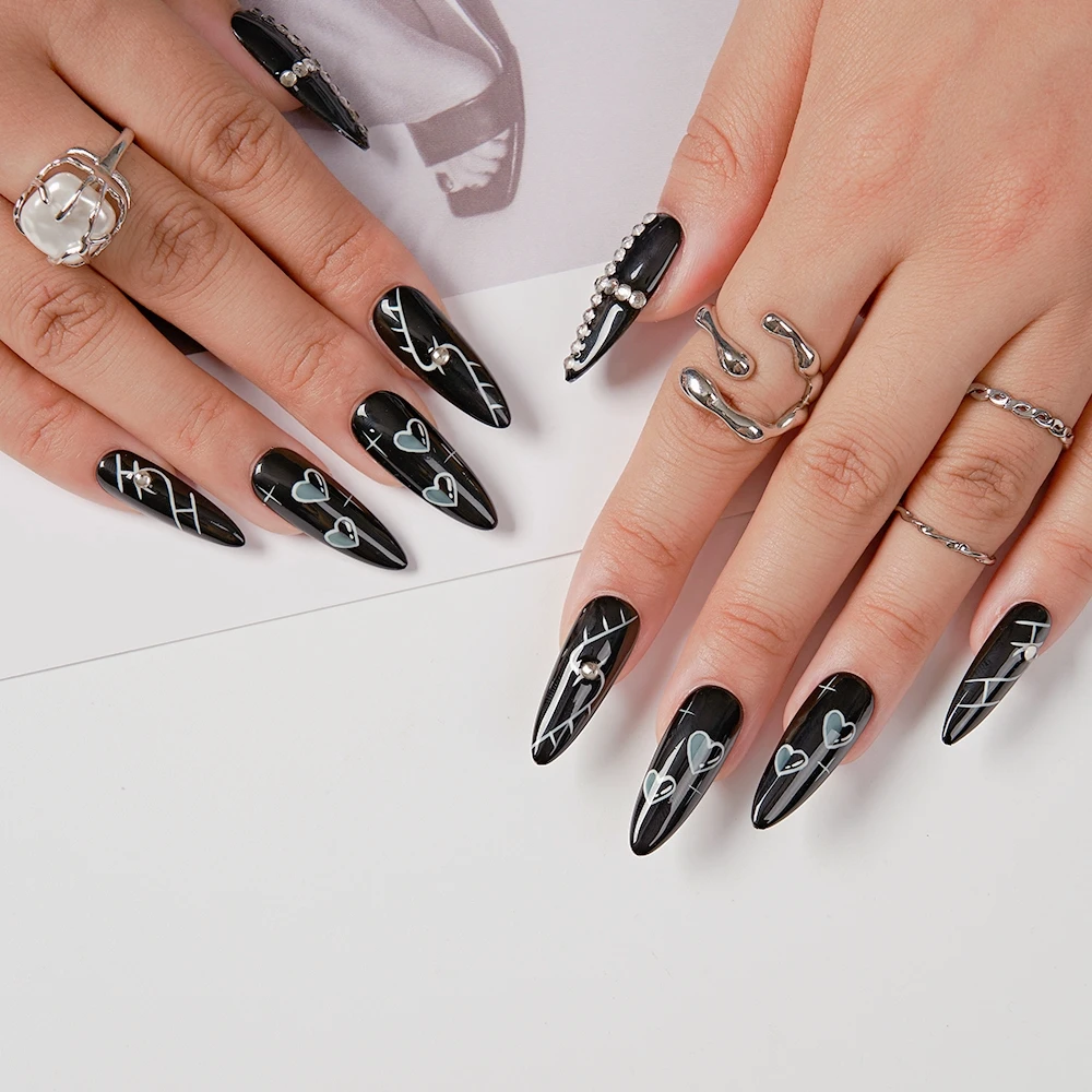

Press On Nails 10pcs Luxury Handmade Black Pink Extra Long Stiletto Shaped Leaves Stick On Nails False Nails, Fake Nails For Wom