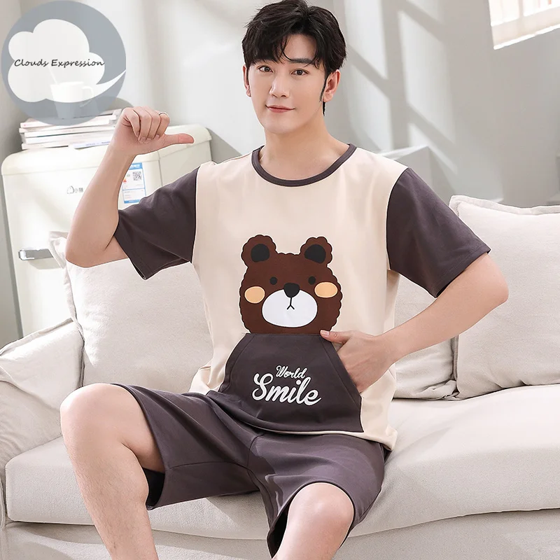 Summer New Cartoon Knitted Cotton Mens Pajama Sets Men's Sleep&Lounge Stripe Short Sleeved Pants Male Pajamas Fashion Homewear mens cotton pajama bottoms Men's Sleep & Lounge