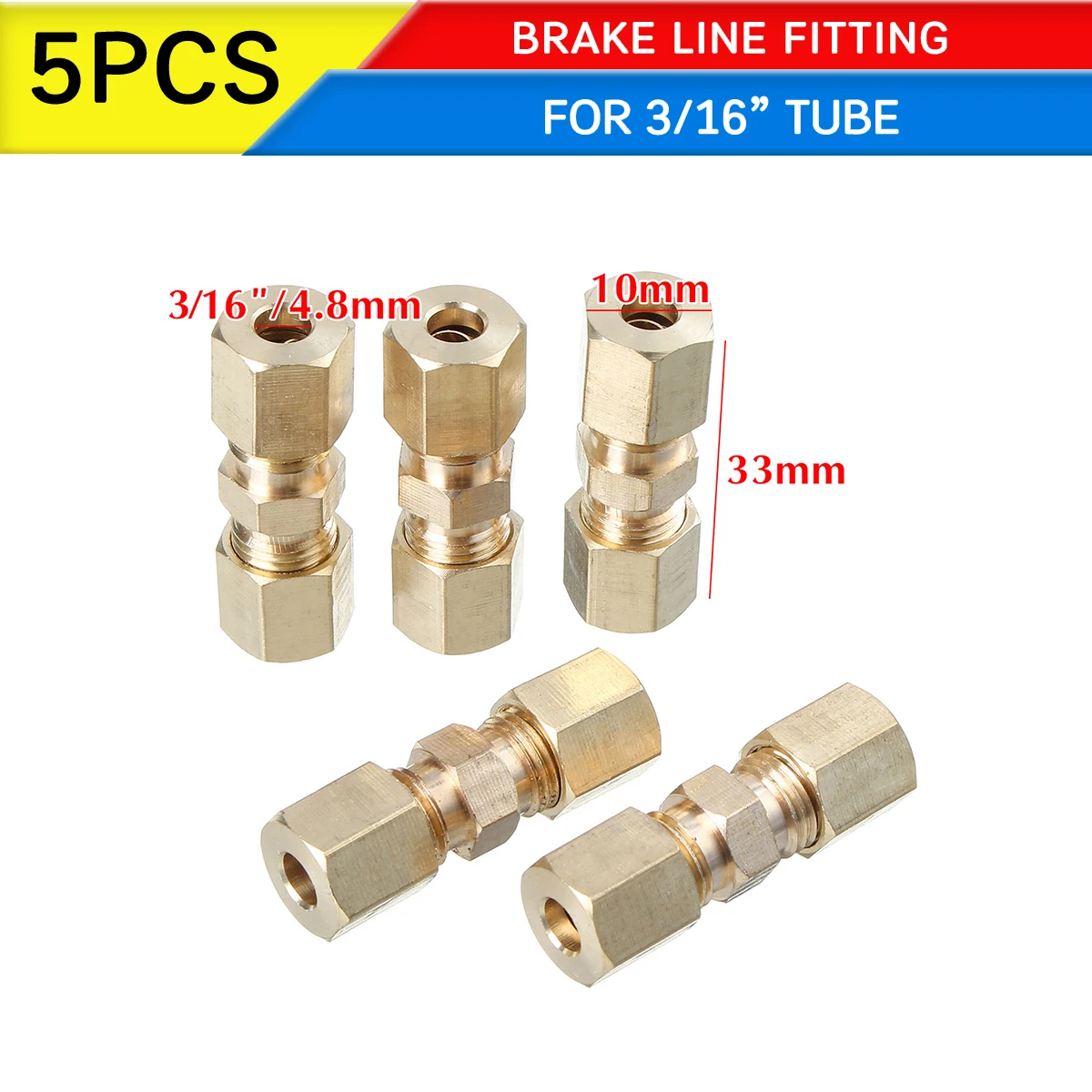 

Hydraulic Brake Lines Union 5PCS 33 x 10mm Brass Straight Reducer Compression Fitting Connector 3/16" OD Tube