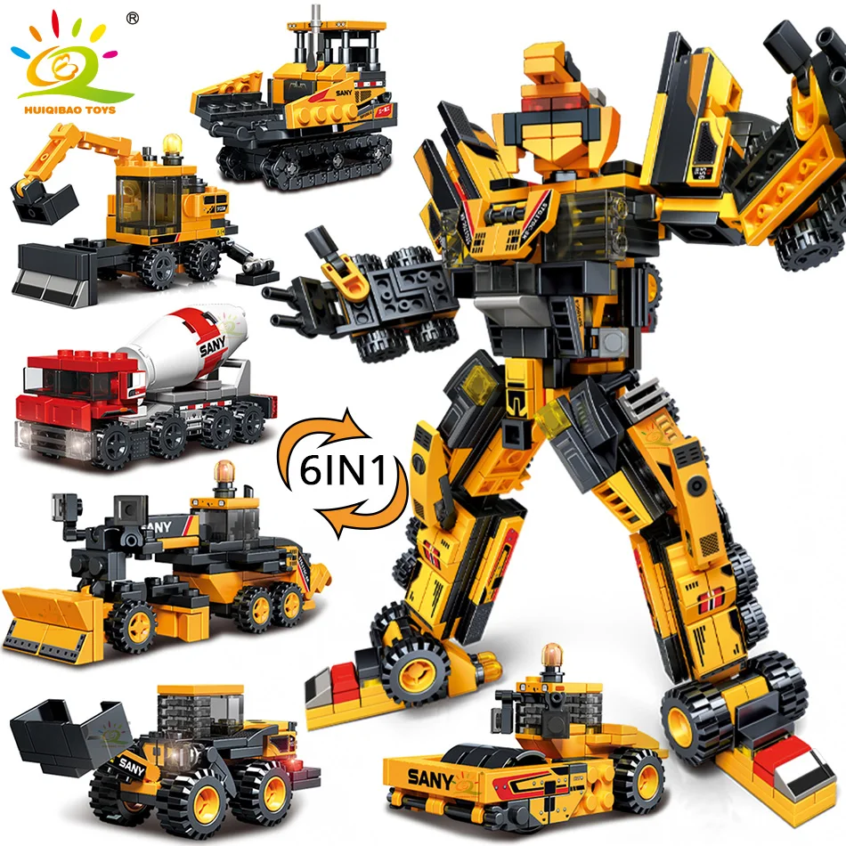 Huiqibao 583Pcs 6 In1 Engineering Robot Building Block Bulldozer Escavatore Car City Construction Moc Bricks Set Per Bambini Bambini
