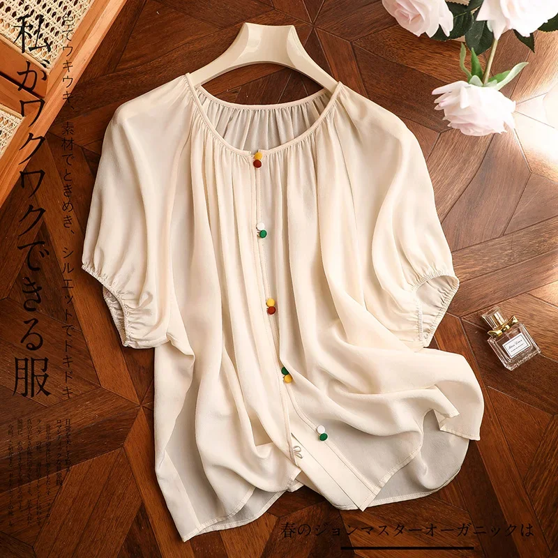

Chiffon Women's Shirt Solid Colour Vintage Blouses Summer Short Sleeve Women Tops O-neck Loose Fashion Clothing YCMYUNYAN
