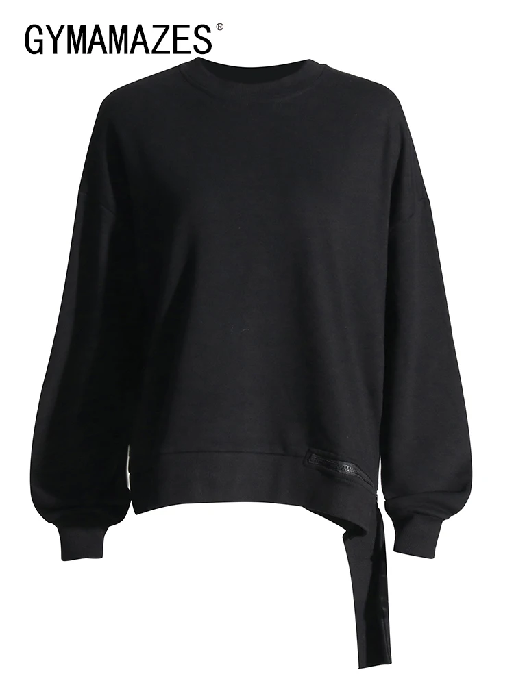 

GYMAMAZES Asymmetrical Sweatshirt Female Round Neck Long Sleeve Patchwork Zipper Solid Loose Sweatshirts Female Autumn Clothing