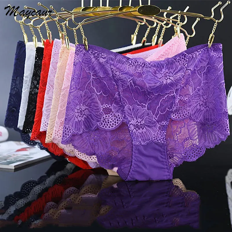 Ropa interior Sexy de encaje para mujer, bragas de cintura media