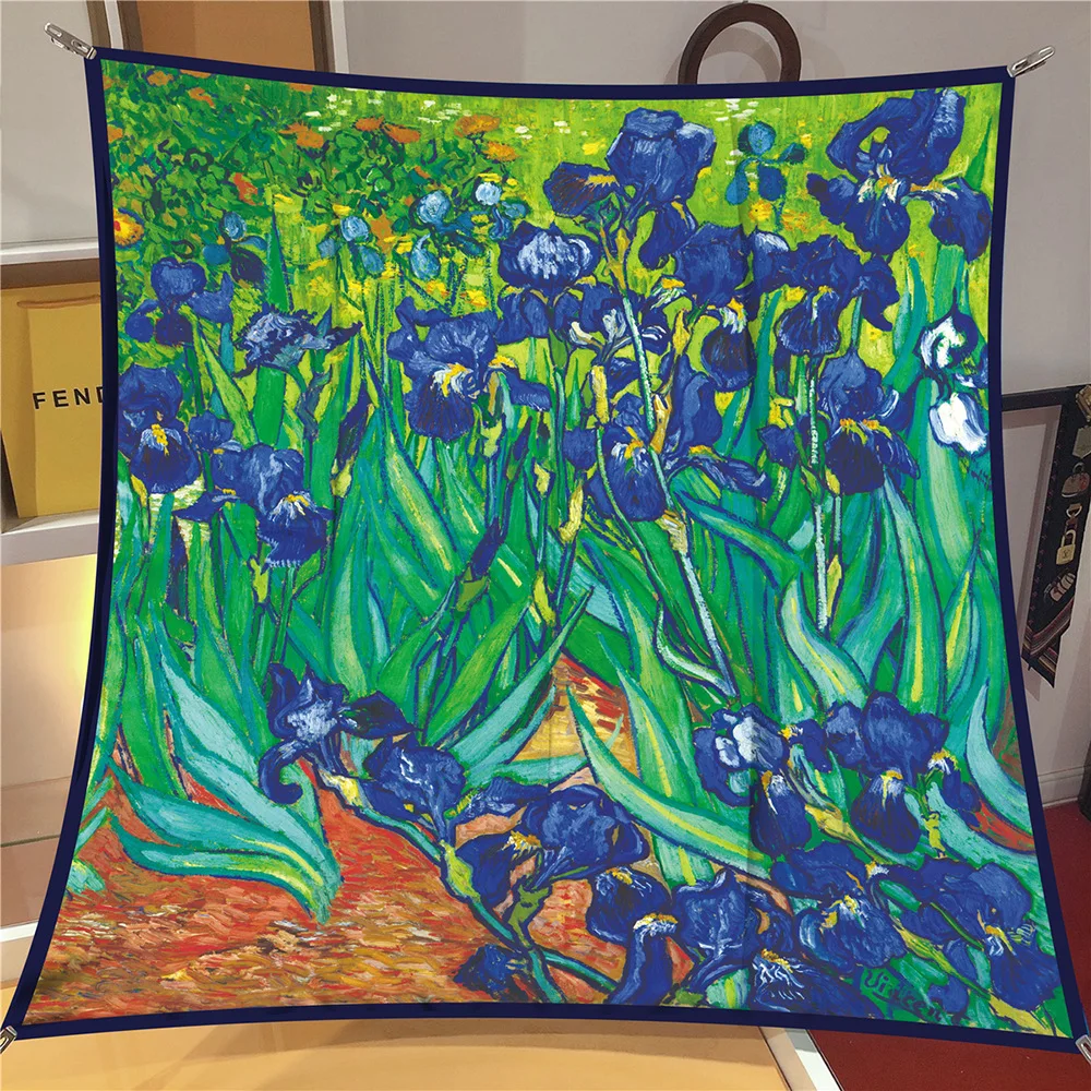 90cm Starry Sky Imitation Twill Fashion Silk Scarf Square Women Hijab Bandana Foulard Head Scarf Van Gogh Oil Painting Kerchief 2