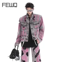 FEWQ Hole Torn Denim Men's Street Jacket Denim Suit 2024 Tie Dye Design Turn-down Collar Long Sleeve Male Sets Fashion 24E1516 1