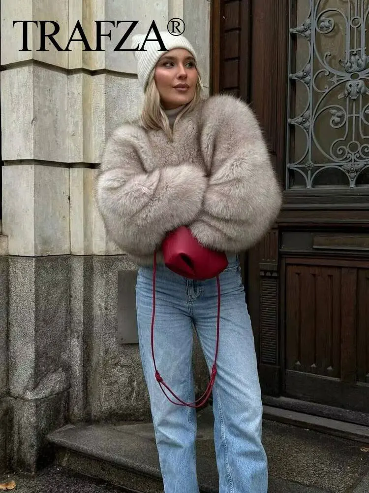 HH Women Fashion Solid Faux Fur Coat O Neck Long Sleeve Cropped Jacket Autumn Winter Female Fashion High Street Outerwear