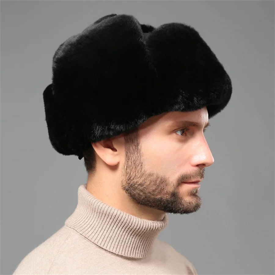 Bomber Hat Men Women Thick Warm Russian Ushanka Rex Rabbit Fur Hat Fashion Male Female Winter Sheepskin Earflap Ski Russian Cap
