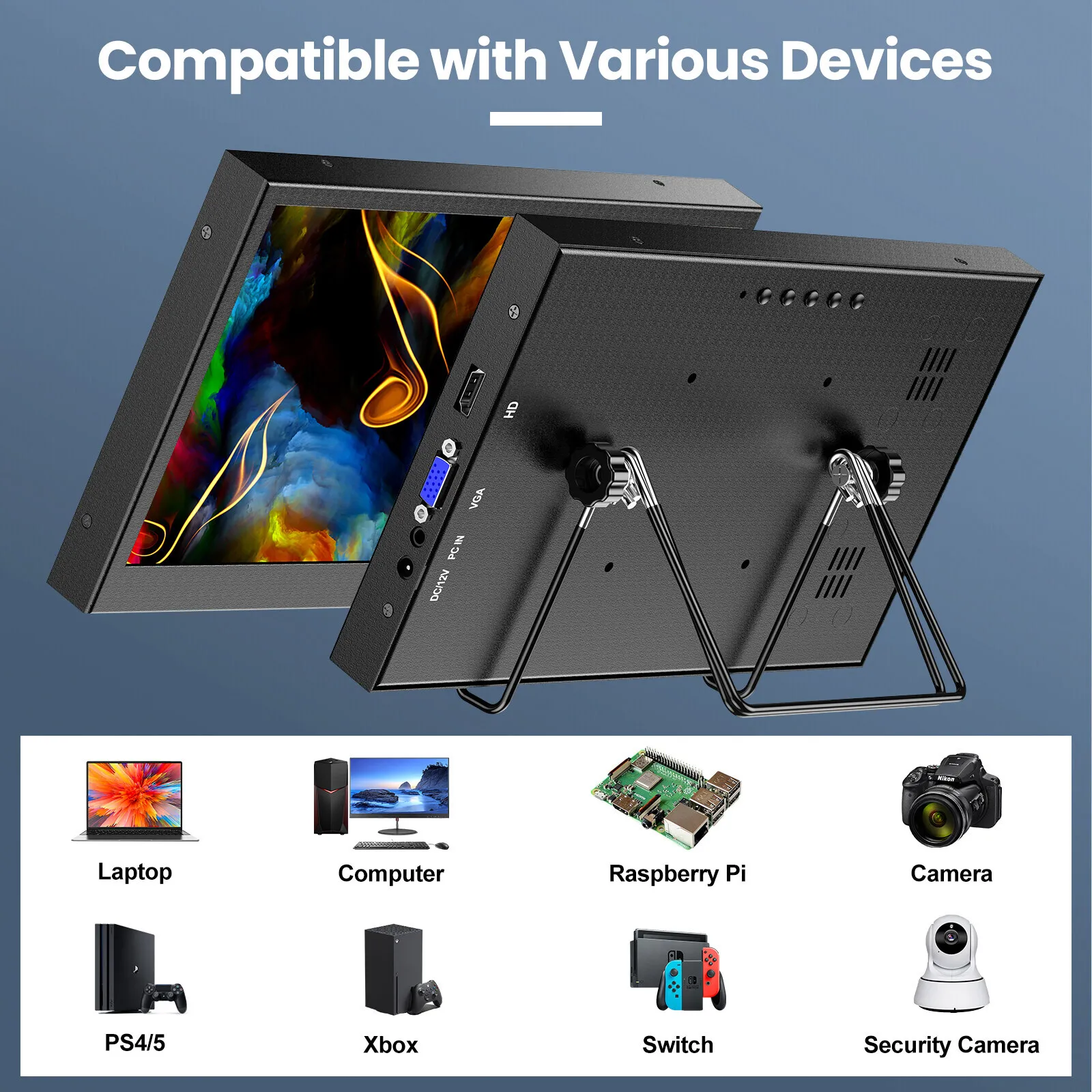 Eyoyo Tragbarer 12-Zoll-IPS-Monitor HDMI VGA 1366 x 768 zweiter Bildschirm für Laptop Xbox – Multimedia-Monitor