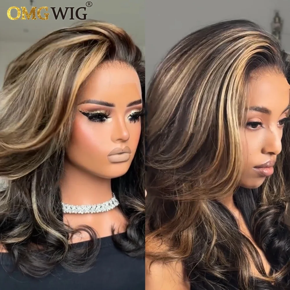 Glueless Blonde Highlight With Dark Brown Layered Wavy Human Hair Wig 360 Pre-Cut Lace Body Wave Wig For Black Women Brazilian