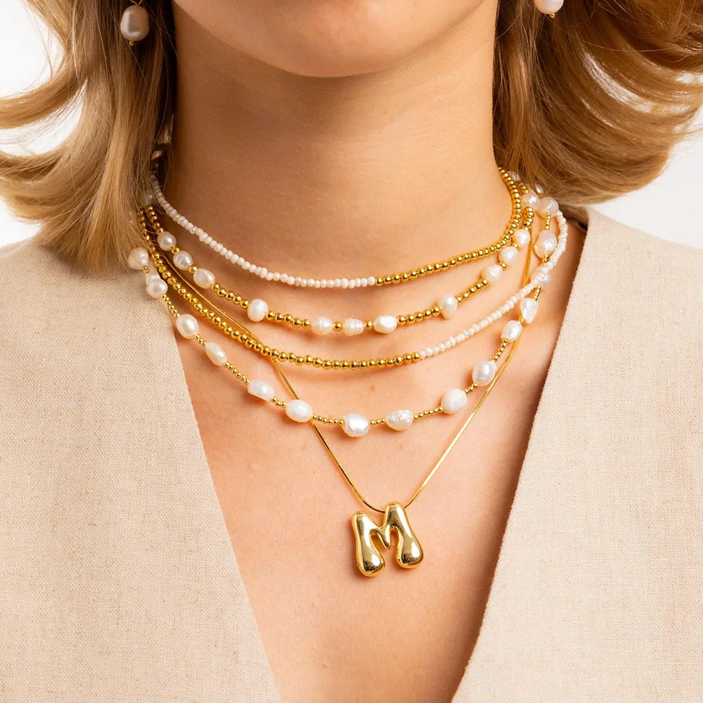 Exaggerate Stainless Steel Gold Color Chunky Alphabet Pendant Balloon Bubble Initial Letter Choker Necklace Charm Jewelry Gifts